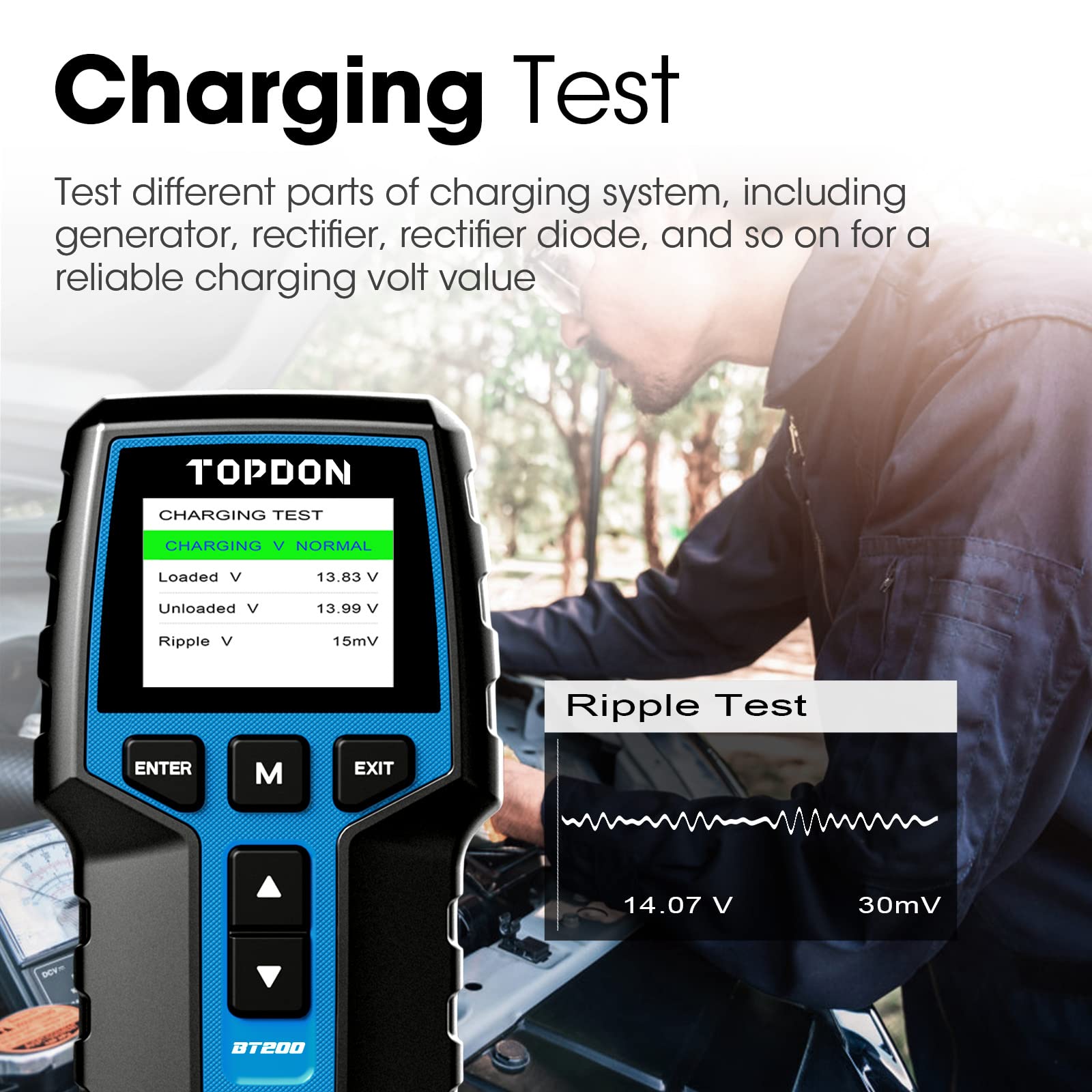 Car Battery Tester 24V 12V Load Tester, TOPDON BT200 100-2000CCA Automotive Alternator Tester Digital Auto Battery Analyzer Charging Cranking System Tester for Car Truck Motorcycle ATV SUV Boat Yacht