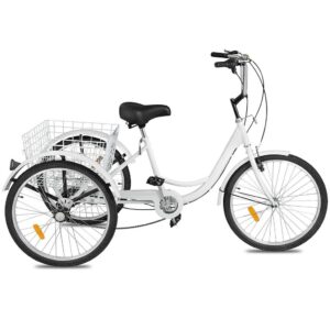 adult tricycle bike 1/7 speed 3-wheel for shopping w/installation tools three-wheeled bicycle for men and women (white)