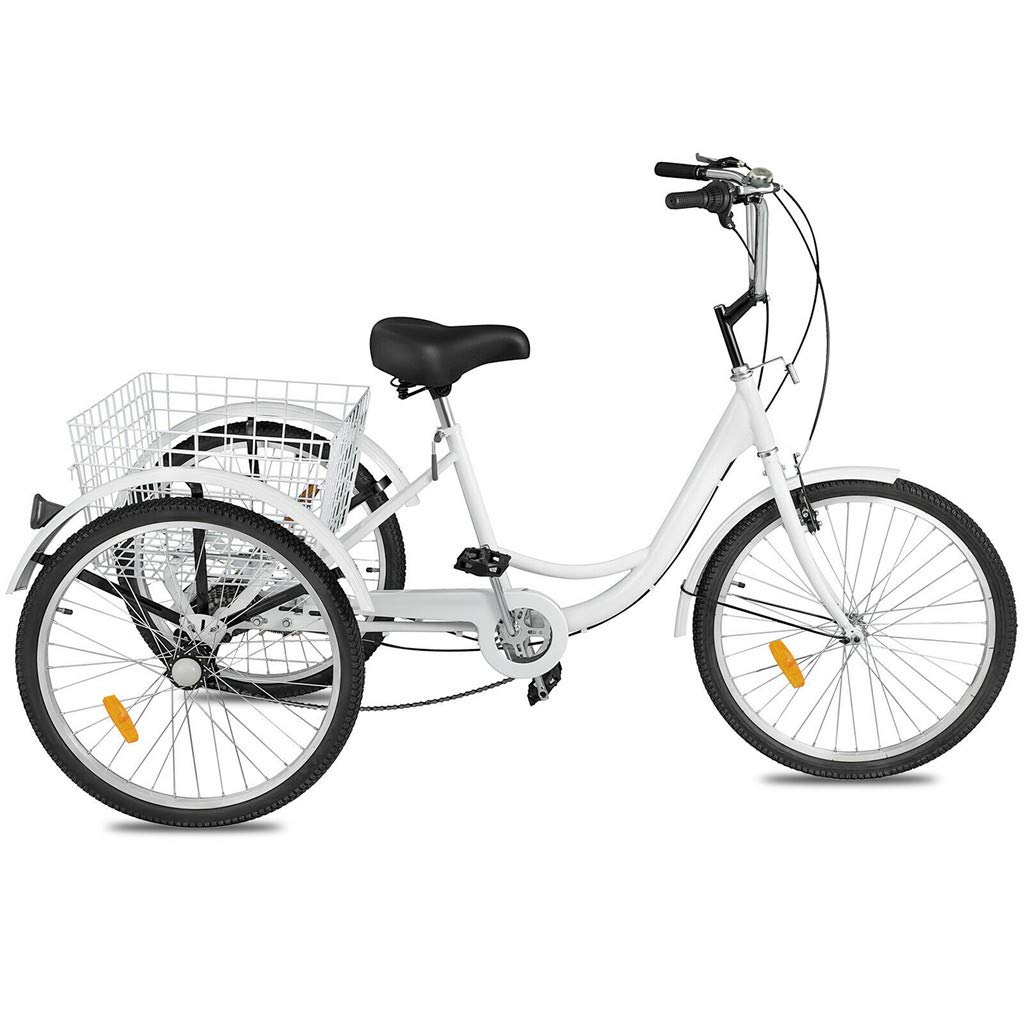 Adult Tricycle Bike 1/7 Speed 3-Wheel for Shopping W/Installation Tools Three-Wheeled Bicycle for Men and Women (White)