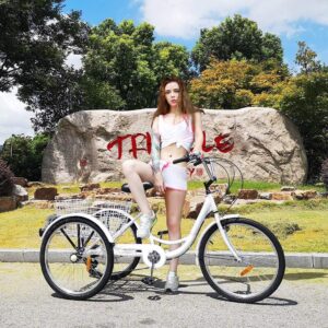 Adult Tricycle Bike 1/7 Speed 3-Wheel for Shopping W/Installation Tools Three-Wheeled Bicycle for Men and Women (White)