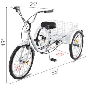 Adult Tricycle Bike 1/7 Speed 3-Wheel for Shopping W/Installation Tools Three-Wheeled Bicycle for Men and Women (White)