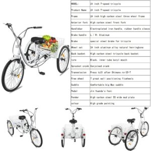 Adult Tricycle Bike 1/7 Speed 3-Wheel for Shopping W/Installation Tools Three-Wheeled Bicycle for Men and Women (White)