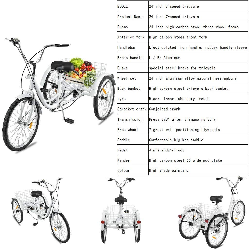 Adult Tricycle Bike 1/7 Speed 3-Wheel for Shopping W/Installation Tools Three-Wheeled Bicycle for Men and Women (White)