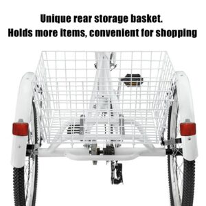 Adult Tricycle Bike 1/7 Speed 3-Wheel for Shopping W/Installation Tools Three-Wheeled Bicycle for Men and Women (White)