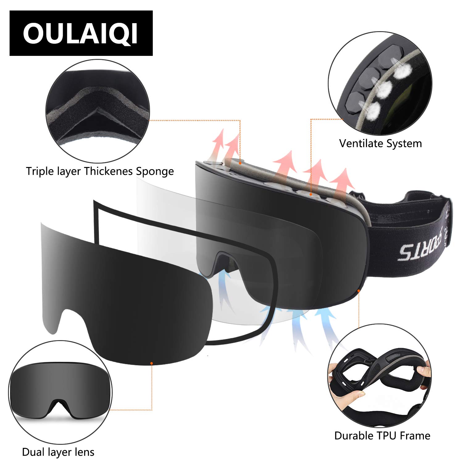 OULAIQI Ski Goggles,Snow Goggles for Men Women Youth UV400 Protection Frameless OTG Snowboard Goggles for Skiing Climbing Snowmobiling Skating