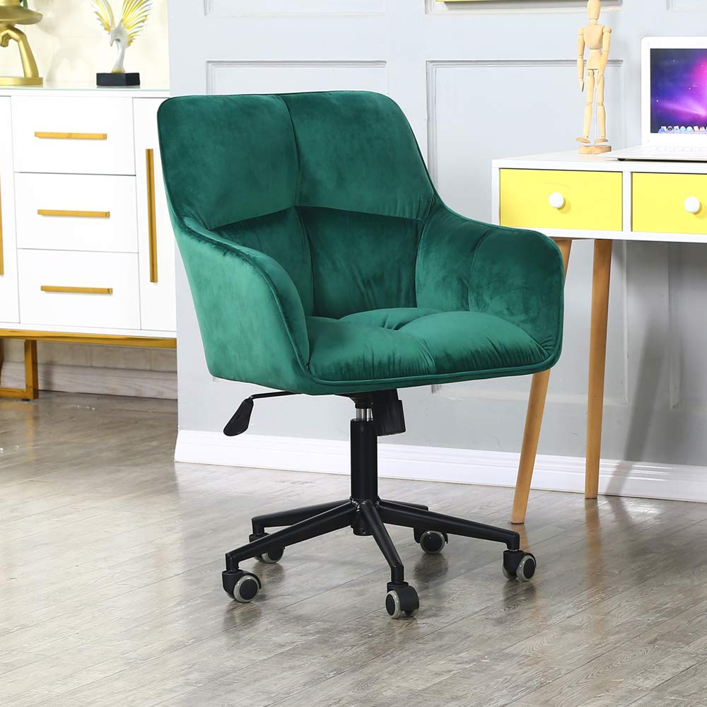 Home Office Desk Chairs Swivel,Comfort Velvet Task Chairs with Arms and Wheels, Adjustable Height, Big Accent SwivelChairs for Living Room and Bedroom (Padded Green)