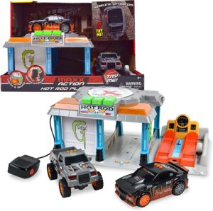 hot rod garage - lights and sounds toy set for kids | working intercom with open and close parking garage and vehicle lift | playset includes pick up truck and sports car with friction motor