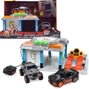 Hot Rod Garage - Lights and Sounds Toy Set for Kids | Working Intercom with Open and Close Parking Garage and Vehicle Lift | Playset Includes Pick Up Truck and Sports Car with Friction Motor