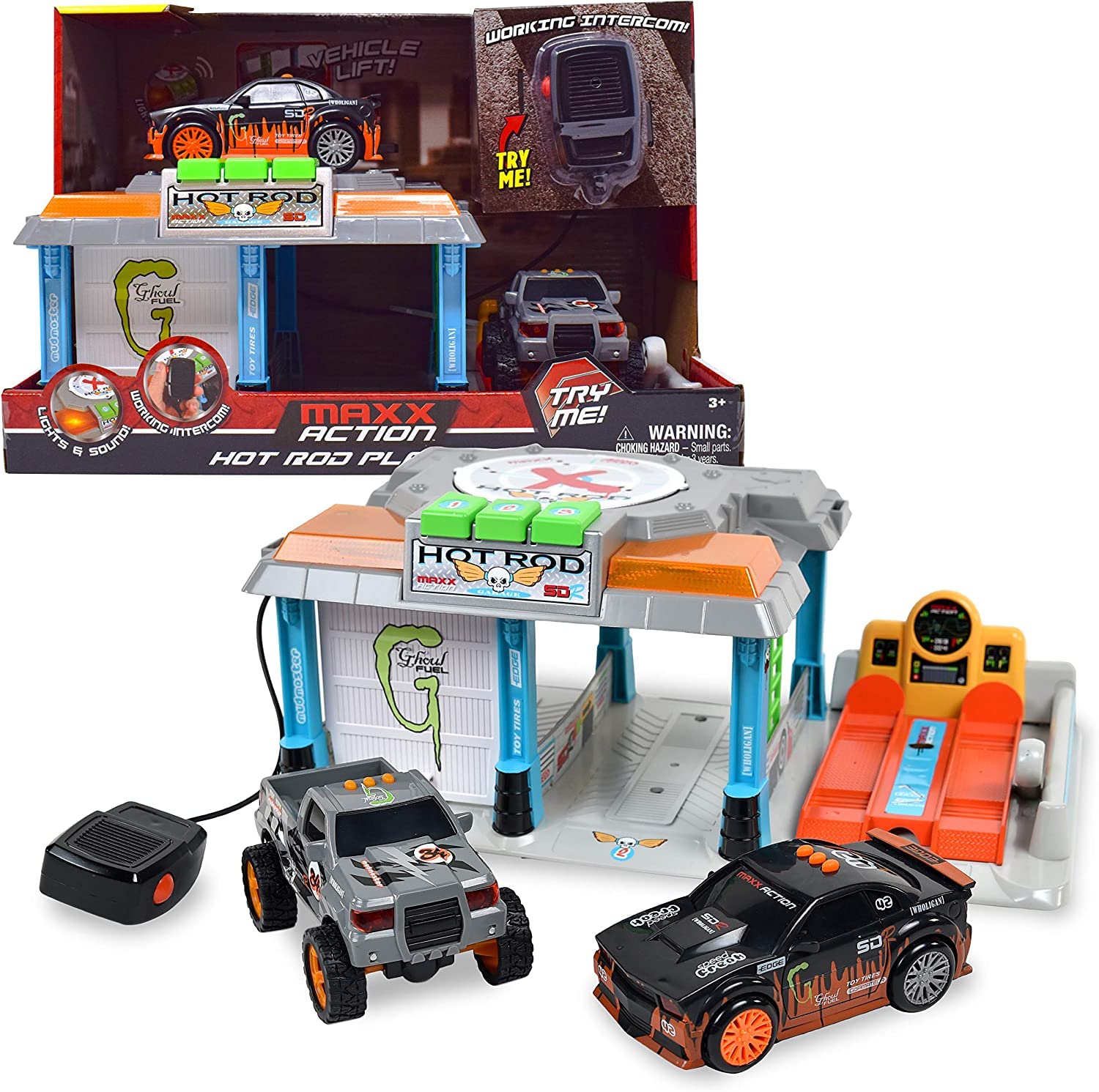 Hot Rod Garage - Lights and Sounds Toy Set for Kids | Working Intercom with Open and Close Parking Garage and Vehicle Lift | Playset Includes Pick Up Truck and Sports Car with Friction Motor