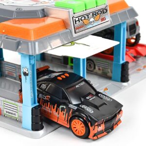 Hot Rod Garage - Lights and Sounds Toy Set for Kids | Working Intercom with Open and Close Parking Garage and Vehicle Lift | Playset Includes Pick Up Truck and Sports Car with Friction Motor