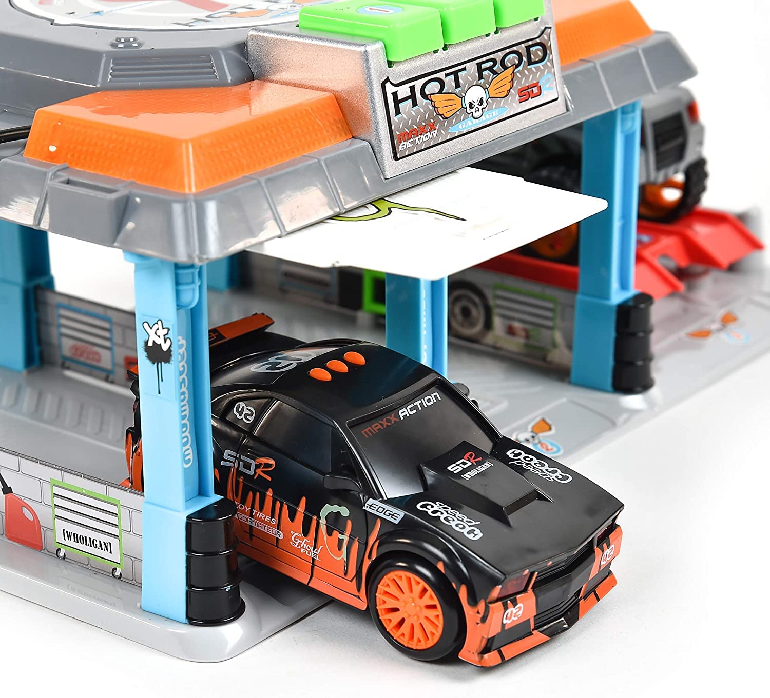 Hot Rod Garage - Lights and Sounds Toy Set for Kids | Working Intercom with Open and Close Parking Garage and Vehicle Lift | Playset Includes Pick Up Truck and Sports Car with Friction Motor