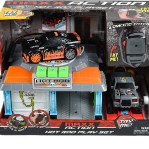 Hot Rod Garage - Lights and Sounds Toy Set for Kids | Working Intercom with Open and Close Parking Garage and Vehicle Lift | Playset Includes Pick Up Truck and Sports Car with Friction Motor