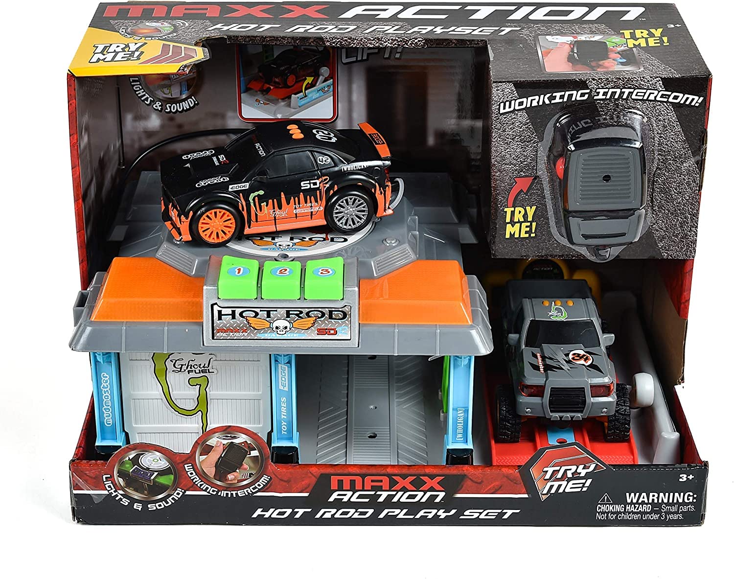 Hot Rod Garage - Lights and Sounds Toy Set for Kids | Working Intercom with Open and Close Parking Garage and Vehicle Lift | Playset Includes Pick Up Truck and Sports Car with Friction Motor