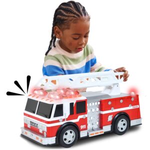 sunny days entertainment maxx action 12’’ large fire truck – lights and sounds vehicle with extendable ladder | motorized drive and soft grip tires | red firetruck toys for kids 3-8