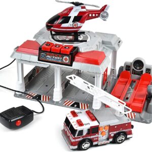 Fire and Rescue Garage Lights and Sounds Toy Set for Kids | Working Intercom with Open and Close Parking Garage and Vehicle Lift | Playset Includes Helicopter and Fire Truck with Friction Motor