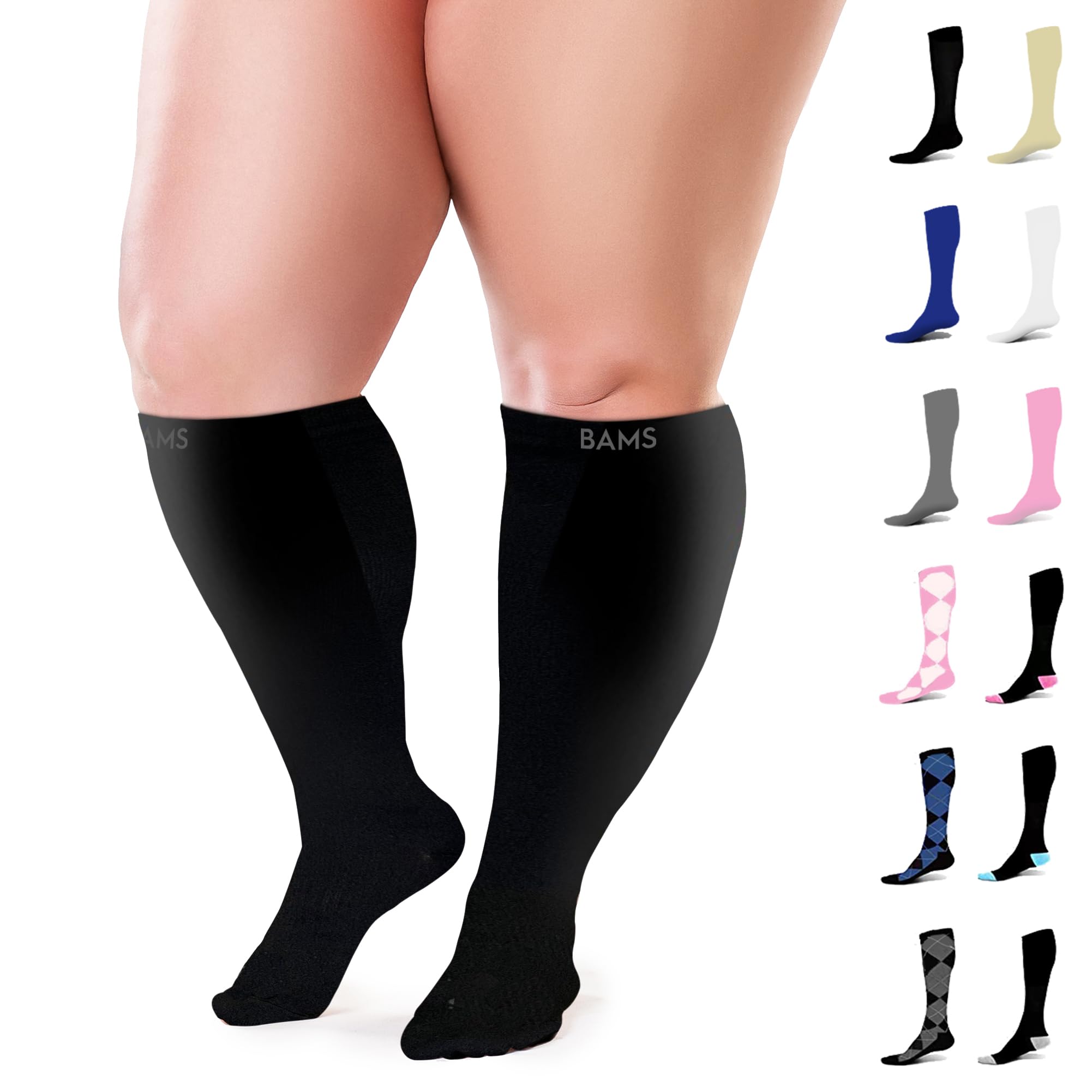 BAMS Plus Size Compression Socks Wide Calf XL XXL XXXL – Graduated Knee-High Support, Viscose from Bamboo Easy-On/Easy-Off (Black, 2X-Large)