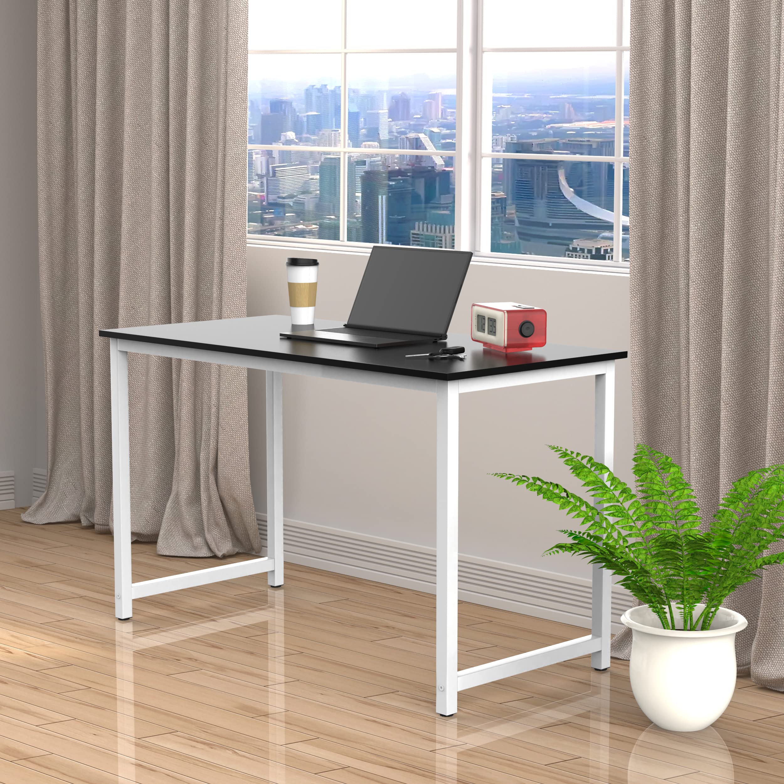 Halter Computer Desk for Home Office 47” Work Table Easy Assembly Black Desk White Frame