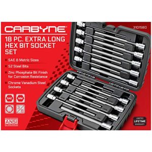 CARBYNE 18 Piece Extra Long Hex (Allen) Bit Socket Set | SAE & Metric, S2 Steel Bits, CrV Sockets, Corrosion Resistance, Durable Storage Case | 1/8''-3/8'' SAE / 3mm-10mm Metric, 3/8" Dr.