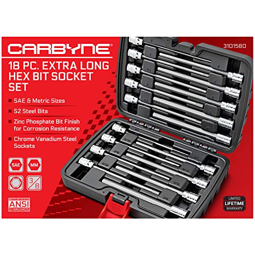 CARBYNE 18 Piece Extra Long Hex (Allen) Bit Socket Set | SAE & Metric, S2 Steel Bits, CrV Sockets, Corrosion Resistance, Durable Storage Case | 1/8''-3/8'' SAE / 3mm-10mm Metric, 3/8" Dr.