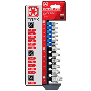 carbyne super short low profile torx bit socket set - 12 pieces | t-10 to t-60 sizes, internal square drive & external hex drive • from a family-run tool company based in the u.s.a.