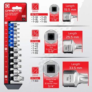 CARBYNE Super Short Low Profile Torx Bit Socket Set - 12 Pieces | T-10 to T-60 Sizes, Internal Square Drive & External Hex Drive • From a Family-Run Tool Company Based in the U.S.A.