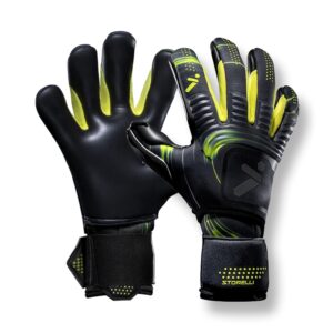storelli silencer menace goalkeeper gloves, soccer goalie gloves for youths & adults, roll-negative, hybrid gloves with removable finger spines, black & yellow, size 9
