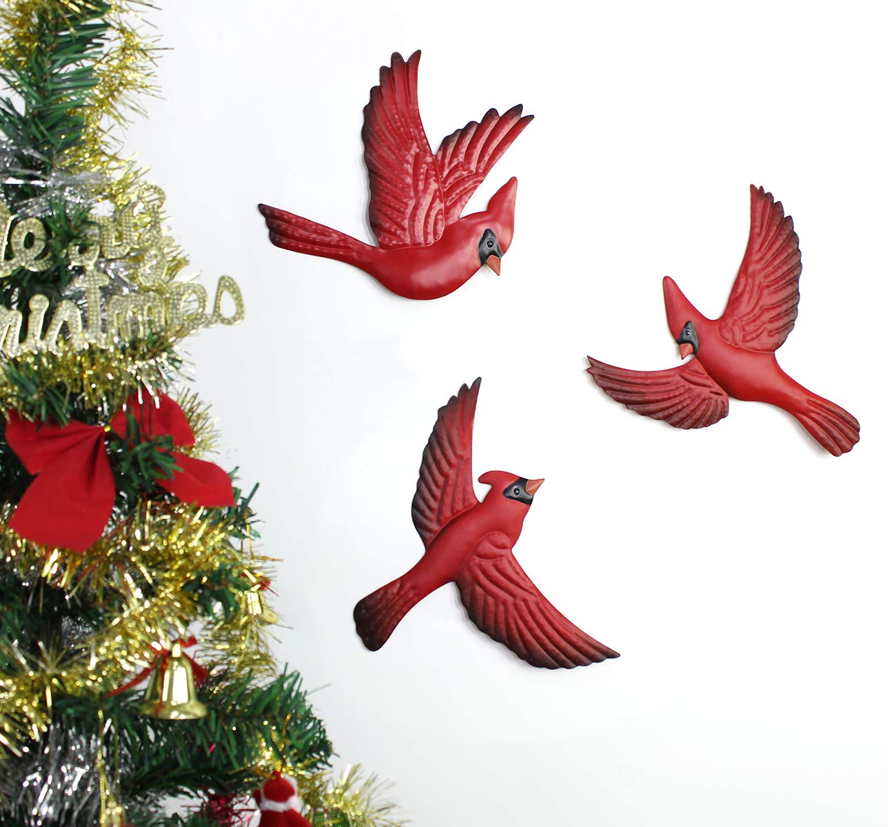 FANWNKI Red Metal Birds Cardinal Set of 3 Wall Art Decor Sculptures Hanging for Christmas Outdoor Indoor Home Garden Porch Fence