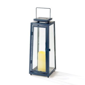 blue outdoor candle lantern - 15 inch tall, solar powered, navy metal with glass, waterproof flameless pillar candles, dusk to dawn timer, flickering led lights, rustic farmhouse patio decor
