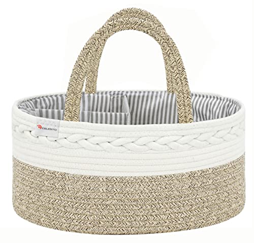 Celesto Baby Diaper Caddy Organizer – Nursery Storage Bin - Car Organizer for Diapers - Changing Table Organizer Basket - Shower storage Gift - Cotton Canvas Portable Diaper Storage Basket (Beige)