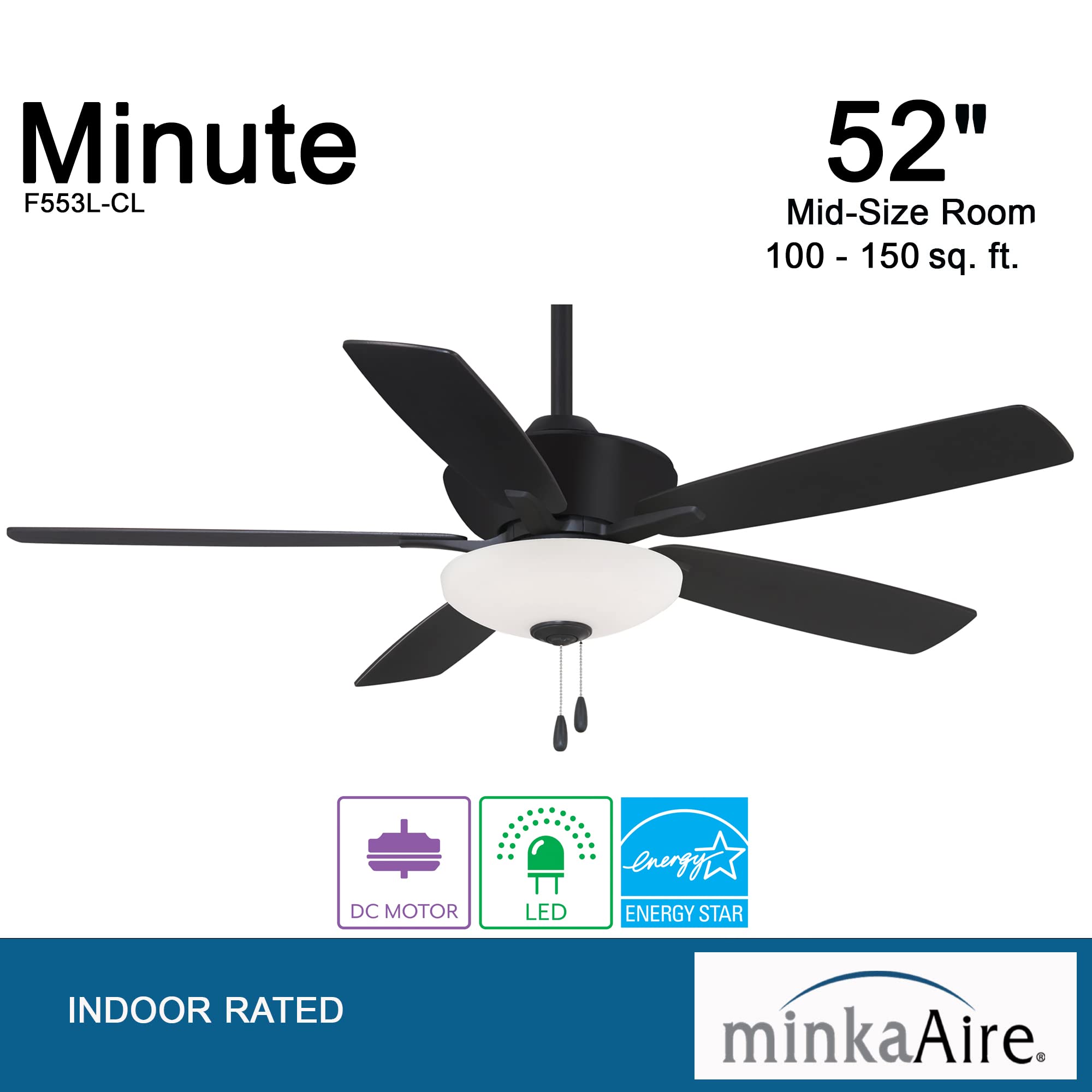 MINKA-AIRE F553L-CL Minute 52 Inch LED Energy Star Rated Ceiling Fan with DC Motor and 3 Speed Pull Chain in Coal Finish