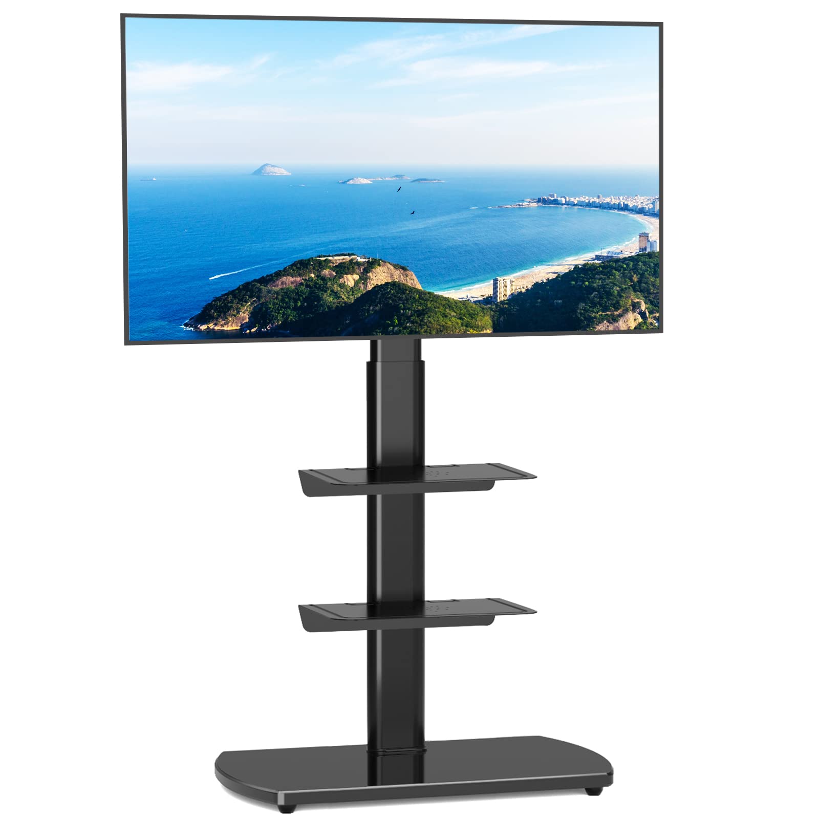 TVON Universal TV Floor Stand with Swivel Mount Height Adjustable for 32-65 Inch Flat or Curved Screen TVs, 3-Shelf Tempered Glass Base for Media Storage, Cable Management, VESA 400x400 mm