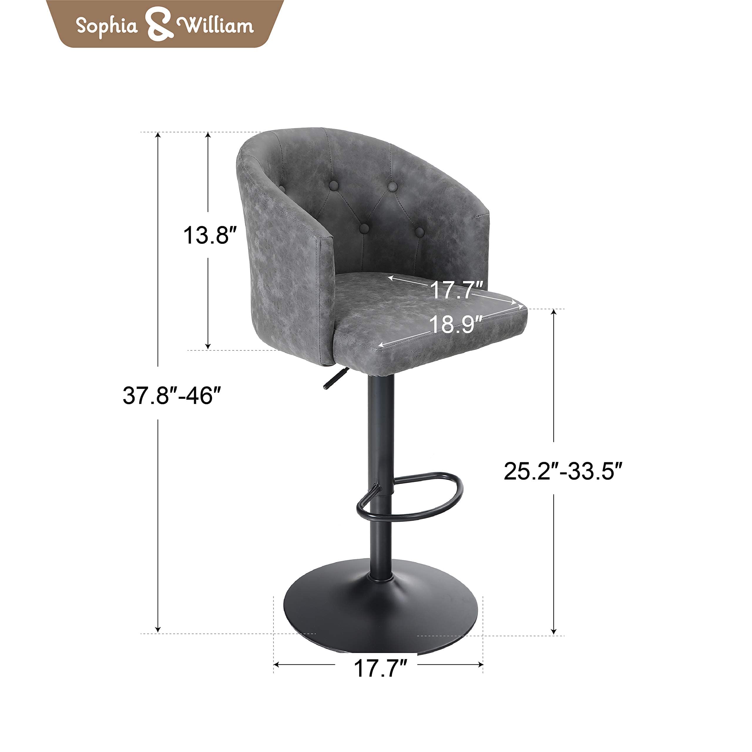 Sophia & William Adjustable Swivel Bar Stool Counter Height Bar Stool for Kitchen Island,Modern PU Leather Bar Stool with Back & Footrest & Airlift Handle, Counter Leather Stool,300lbs,Grey,1PC