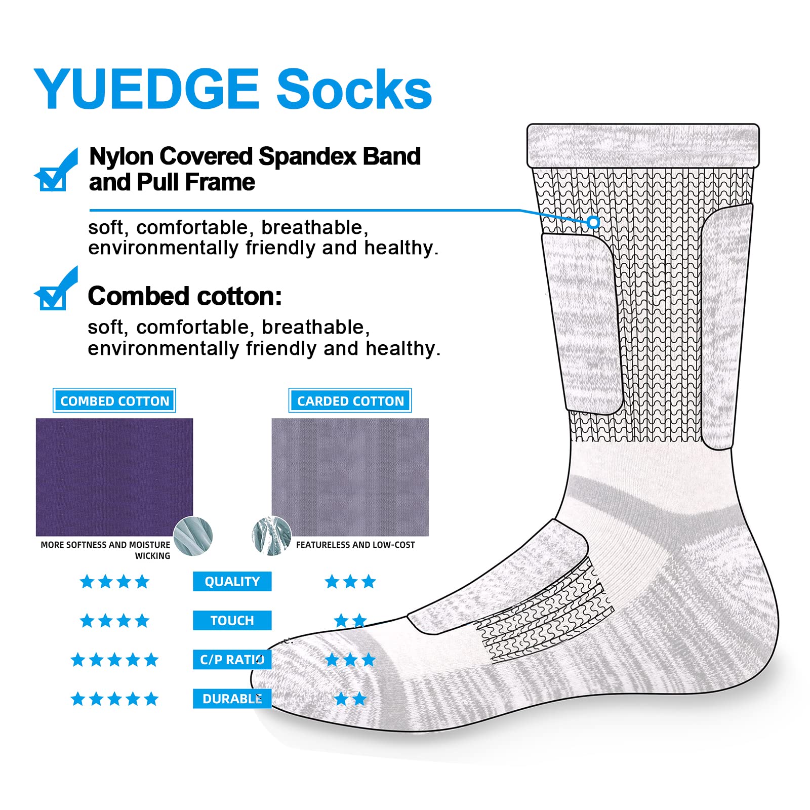 YUEDGE 5 Pairs Breathable Cotton Terry Cushion Crew Athletic Walking Hiking Socks Boot Socks for Men 9-11