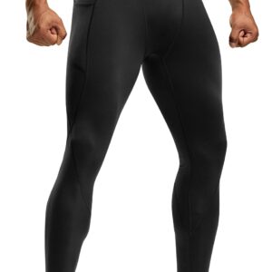 TSLA Men's Thermal Compression Pants, Athletic Sports Leggings & Running Tights, Wintergear Base Layer Bottoms, Pocket Black, Large