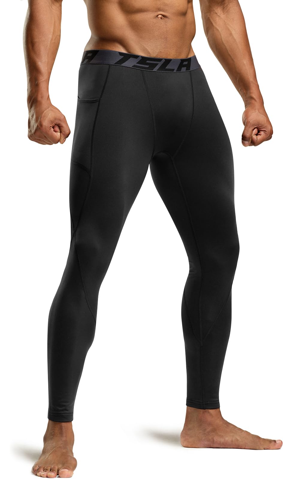 TSLA Men's Thermal Compression Pants, Athletic Sports Leggings & Running Tights, Wintergear Base Layer Bottoms, Pocket Black, Large