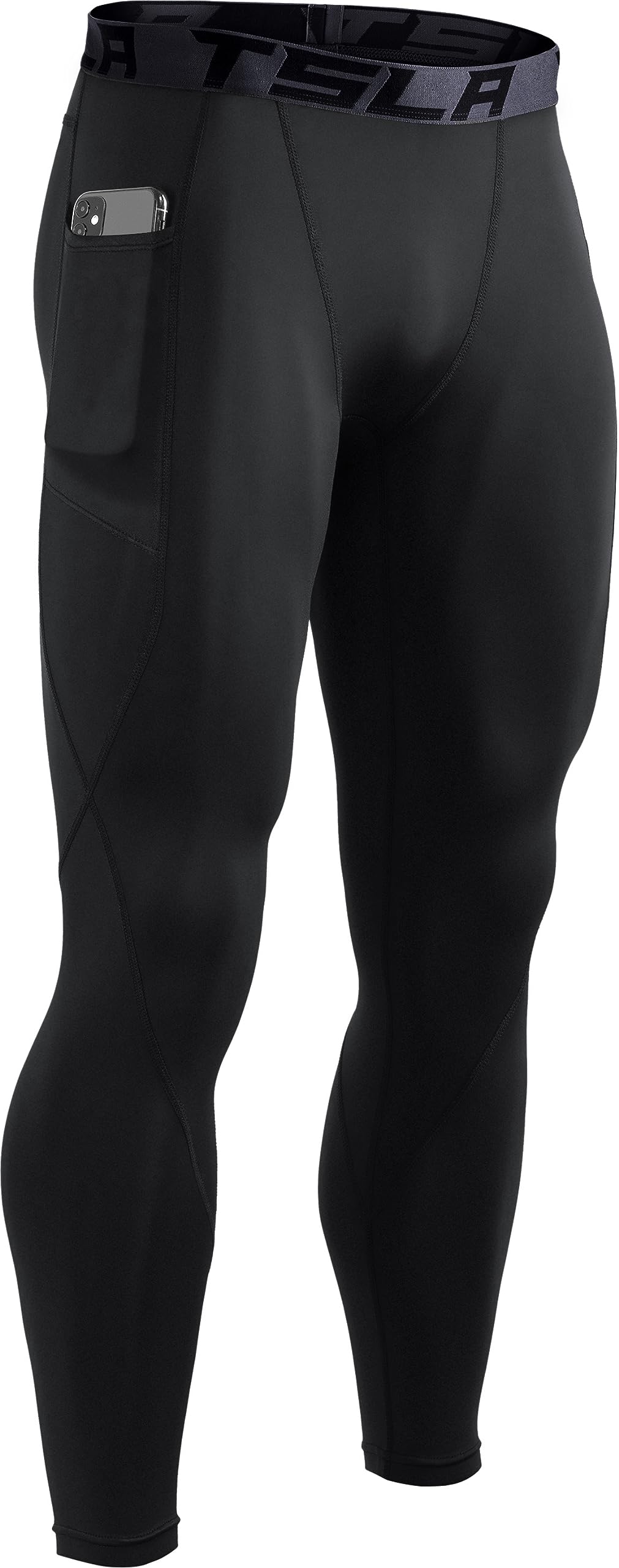 TSLA Men's Thermal Compression Pants, Athletic Sports Leggings & Running Tights, Wintergear Base Layer Bottoms, Pocket Black, Large