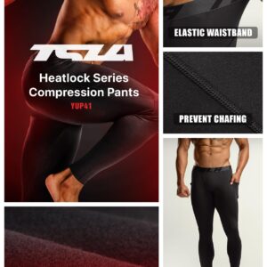 TSLA Men's Thermal Compression Pants, Athletic Sports Leggings & Running Tights, Wintergear Base Layer Bottoms, Pocket Black, Large