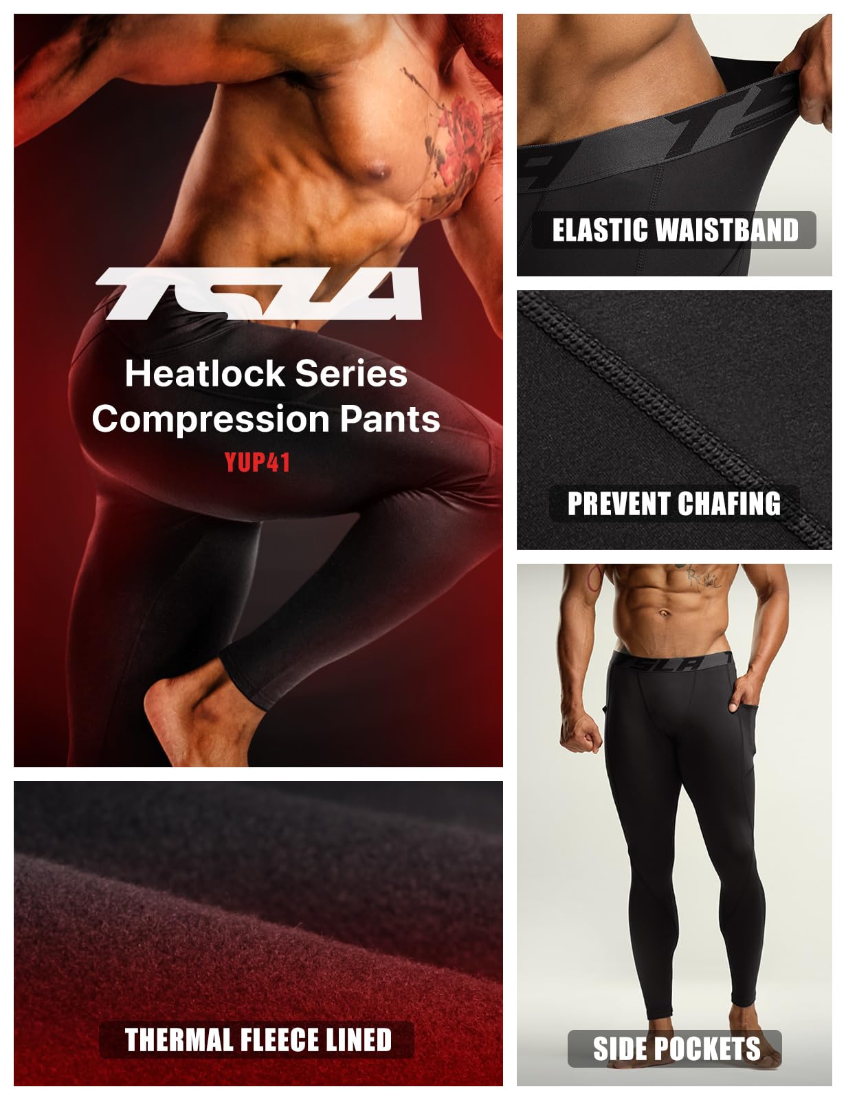 TSLA Men's Thermal Compression Pants, Athletic Sports Leggings & Running Tights, Wintergear Base Layer Bottoms, Pocket Black, Large