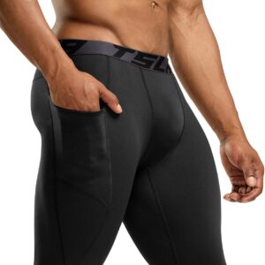 TSLA Men's Thermal Compression Pants, Athletic Sports Leggings & Running Tights, Wintergear Base Layer Bottoms, Pocket Black, Large