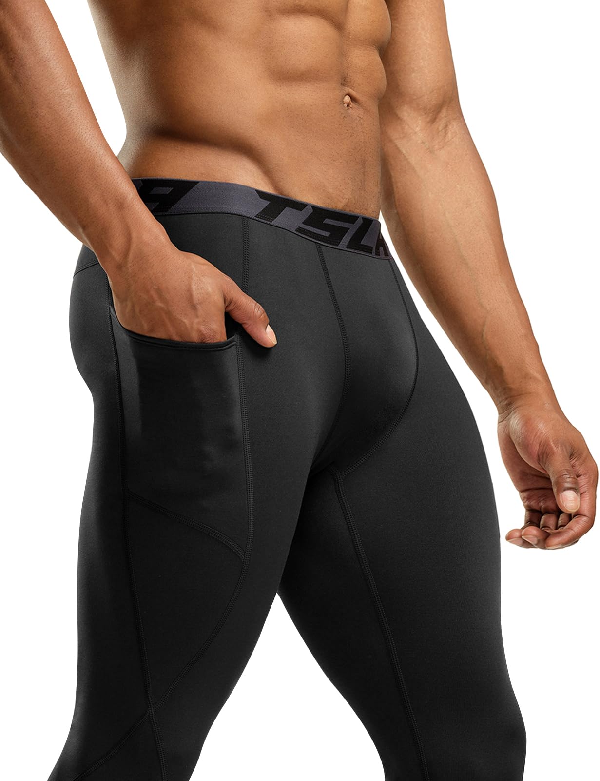 TSLA Men's Thermal Compression Pants, Athletic Sports Leggings & Running Tights, Wintergear Base Layer Bottoms, Pocket Black, Large