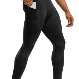 TSLA Men's Thermal Compression Pants, Athletic Sports Leggings & Running Tights, Wintergear Base Layer Bottoms, Pocket Black, Large