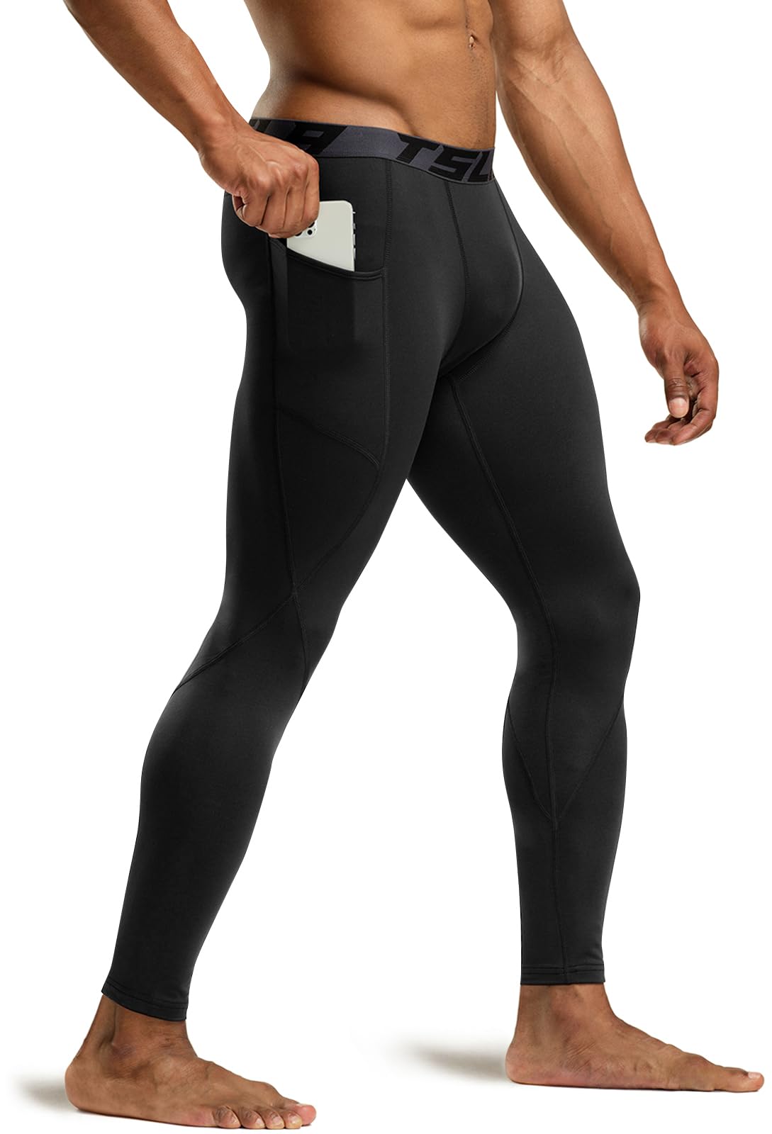 TSLA Men's Thermal Compression Pants, Athletic Sports Leggings & Running Tights, Wintergear Base Layer Bottoms, Pocket Black, Large