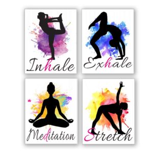 set of 4 yoga wall art print posters,watercolor yoga poster with inhale exhale meditation stretch, india yoga wall art canvas for art home gym exercise bedroom home decor.(unframed,8”x10”inches) .