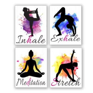 Set of 4 Yoga wall art print posters,Watercolor Yoga Poster with Inhale Exhale Meditation Stretch, India Yoga Wall Art canvas for Art Home Gym Exercise bedroom Home Decor.(Unframed,8”X10”inches) .