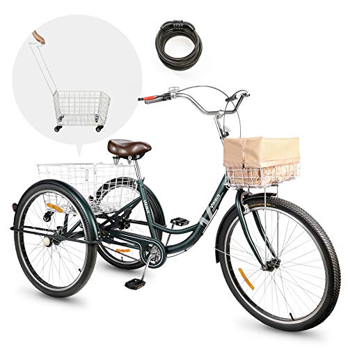 Viribus 24" or 26" Adult Tricycle with Removable Wheeled Basket, Single Speed Cargo Cruiser Trike Bike with Front Basket and Dustproof Bag, Three Wheel Bike for Shopping, Mens or Womens Tricycle