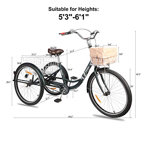 Viribus 24" or 26" Adult Tricycle with Removable Wheeled Basket, Single Speed Cargo Cruiser Trike Bike with Front Basket and Dustproof Bag, Three Wheel Bike for Shopping, Mens or Womens Tricycle