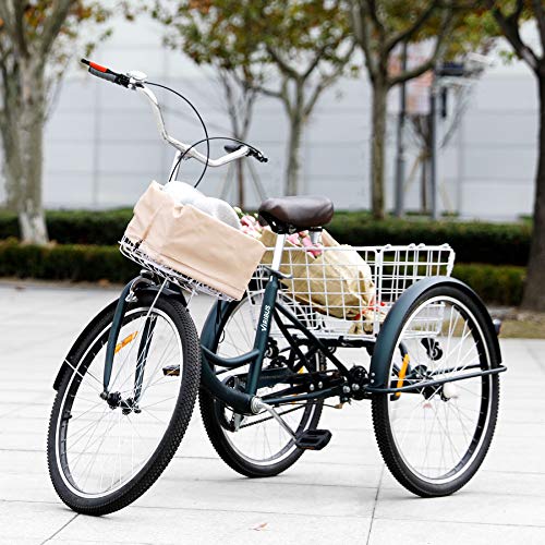 Viribus 24" or 26" Adult Tricycle with Removable Wheeled Basket, Single Speed Cargo Cruiser Trike Bike with Front Basket and Dustproof Bag, Three Wheel Bike for Shopping, Mens or Womens Tricycle