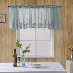molaxhome kitchen window valance lace curtains, 102x16inch floral sheer rod pocket curtain valance for dinning bath room(2pcs blue 51x16)