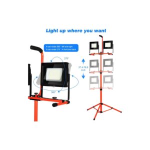 Juyace Led Work Light 100W 10000LM 5000K Daylight White Work Lights with Stand Rotatable Twin-Head & Telescopic Metal Tripod Portable Led Flood Light Indoor/Outdoor IP65 Waterproof