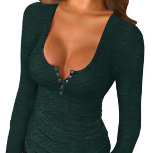 Women Long Sleeve Tops Scoop Neck Low Cut Slim Fitted Henley Shirt Sexy Basic Tee Shirts Tops Blackish Green